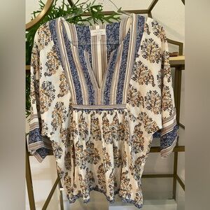 Lucky Brand peasant top blue floral stripe boho sz L NWOT
